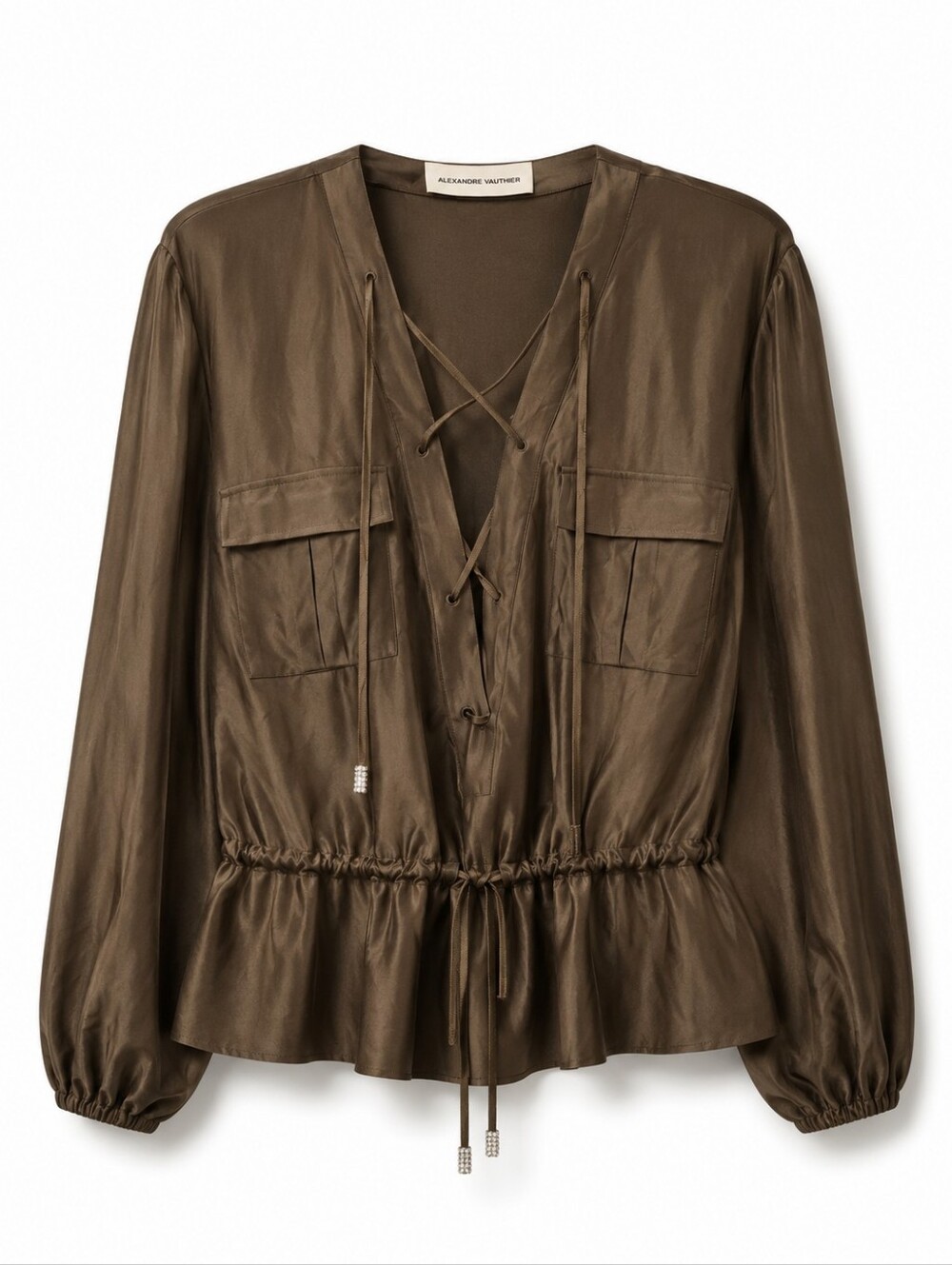 Alexandre Vauthier Olive Green Lace-Up Satin Blouse